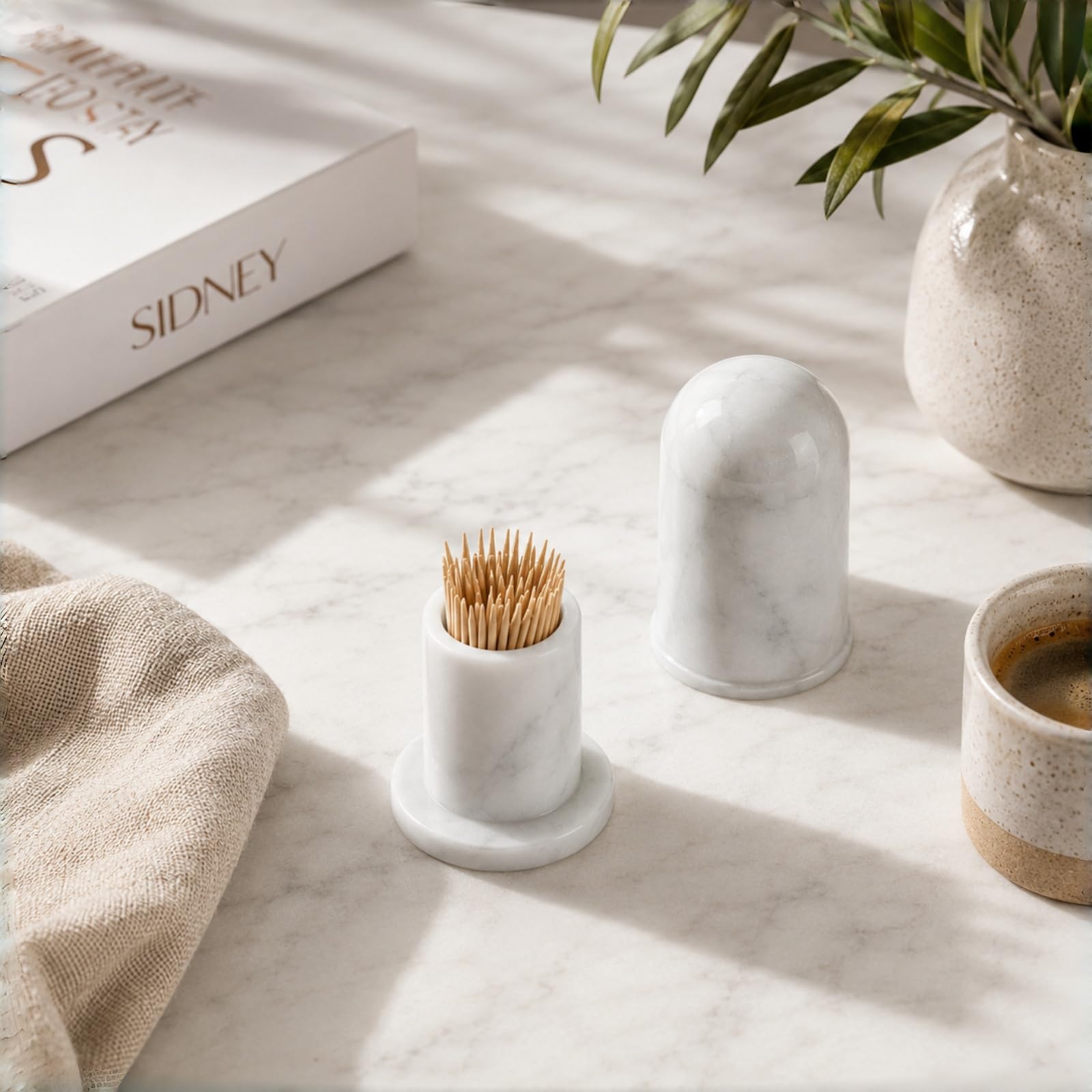 Lujoso palillo de dientes de mármol blanco Carrara con tapa, elegante dispensador de palillos de dientes, funda de mármol moderna con funda para mesa de comedor o decoración del hogar, opción