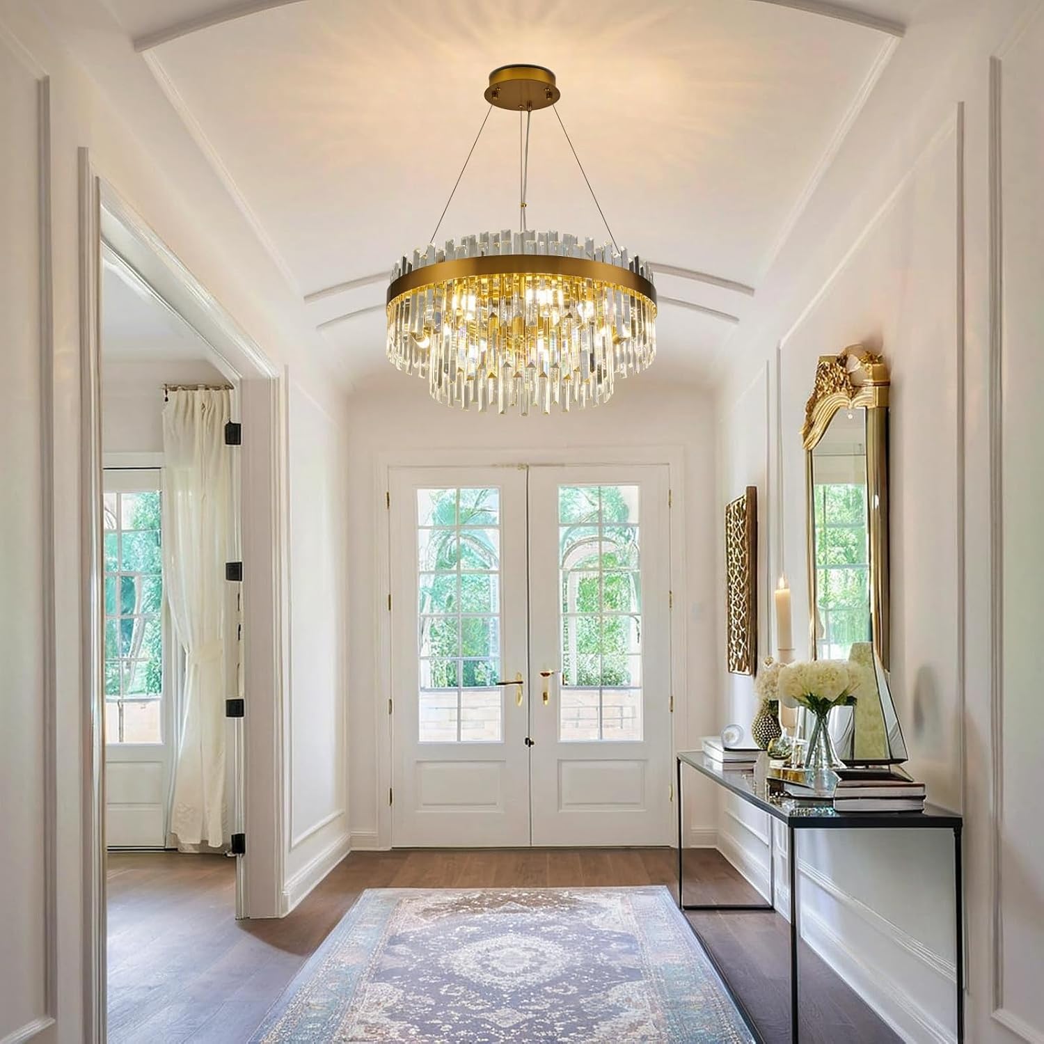 Modern Gold Crystal Chandelier, 9-Light 2-Tier Round Brushed Gold Raindrop Adjustable Flush Mount Pendant Light, E12 Base for Dining Room Living Room Foyer Entryway - 23.6" D