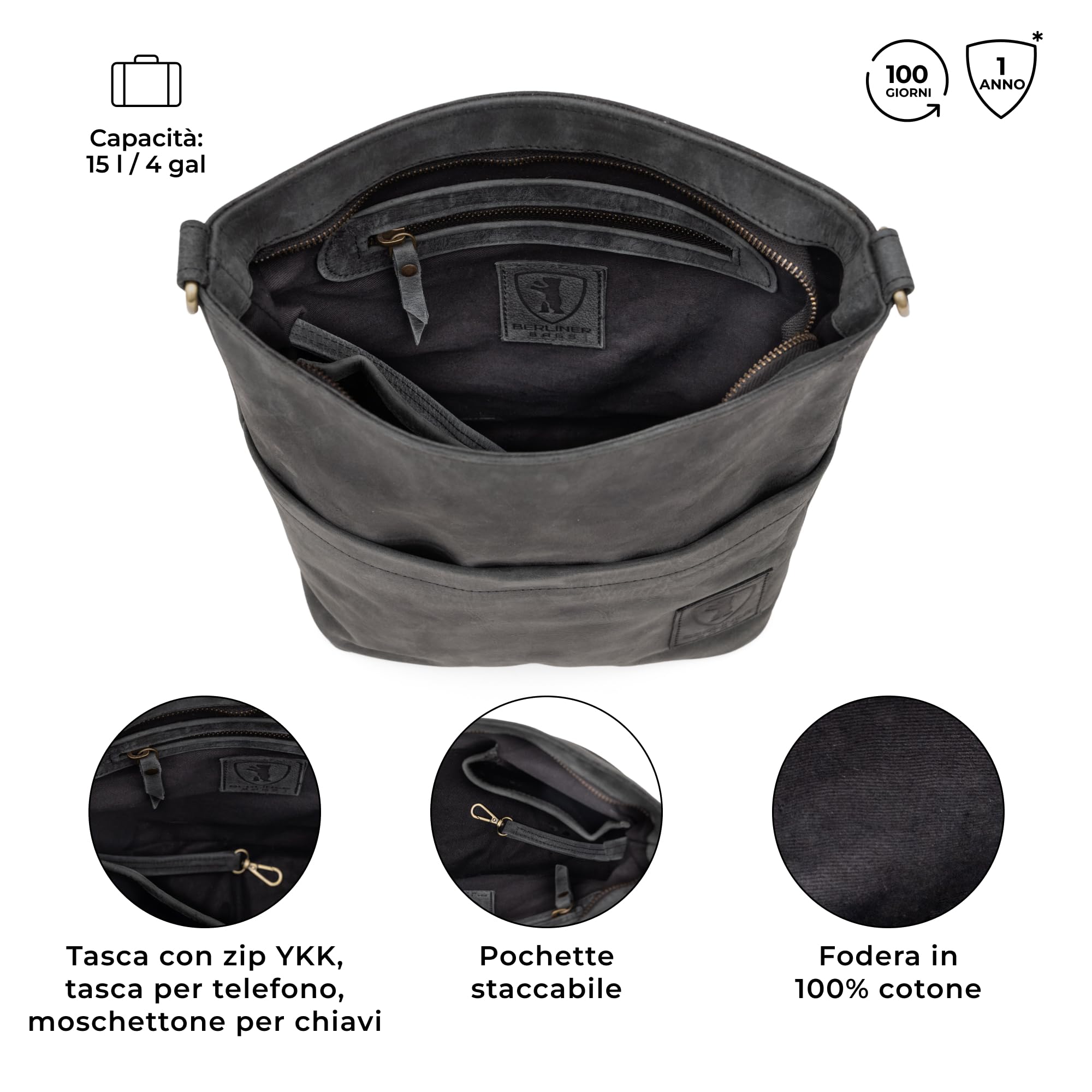 Berliner Bags Borsa Donna Sofia in Pelle, Borsa a Spalla con Doppi Manici, Borsa Elegante Quotidiana con Zip