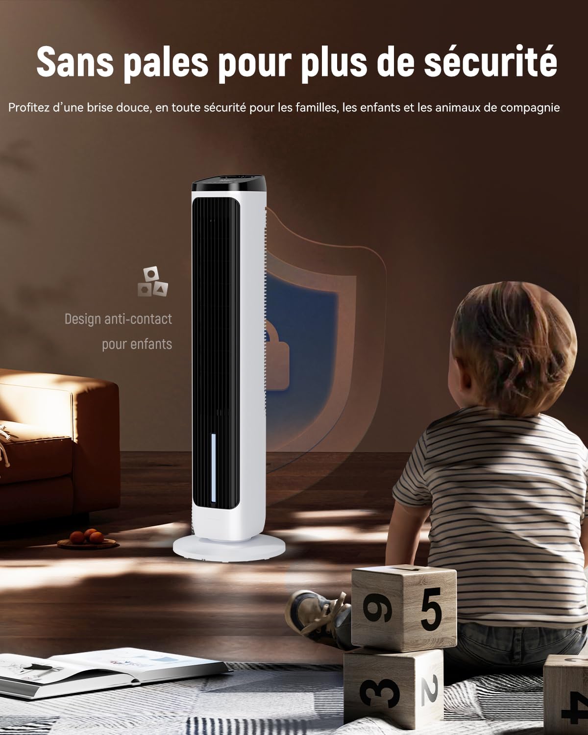 Ventilateur Colonne avec Refroidissement par eau, packs de glace, minuterie 12-H, 4 modes, 3 Vitesses, Oscillation à 80°, Refroidisseur d'air par Évaporation Portable avec télécommande, pour chambre à