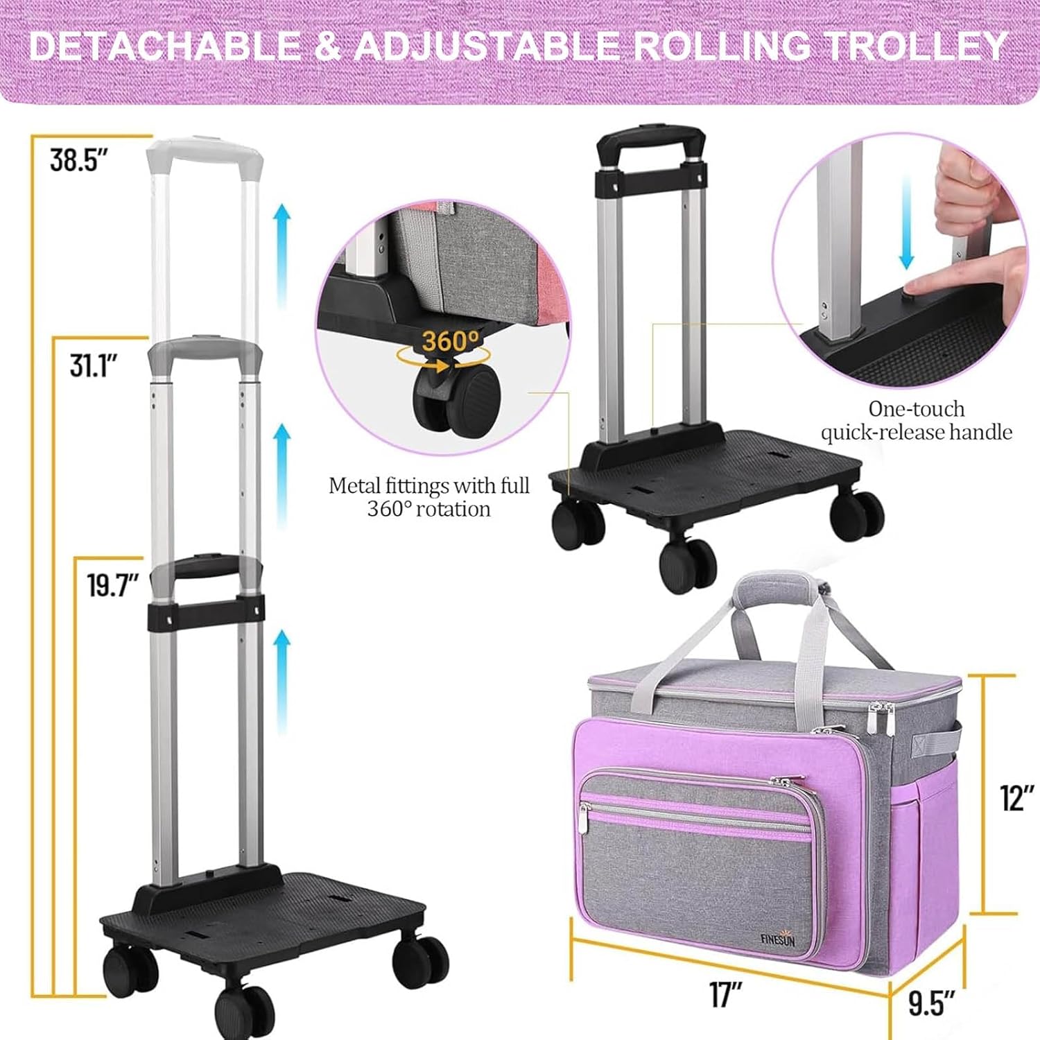 FINESUN Sewing Machine Case with Wheels, Foldable Deluxe Rolling Sewing Machine Case for Brother, Singer, Janome and Most Machines,Purple-Grey - Image 5