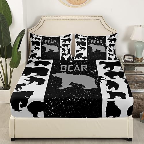 Miniatura 4 de Juego de sábanas de oso para niños con bolsillo profundo, sábana bajera ajustable para niños y adolescentes, juego de sábanas rústicas de cabaña de