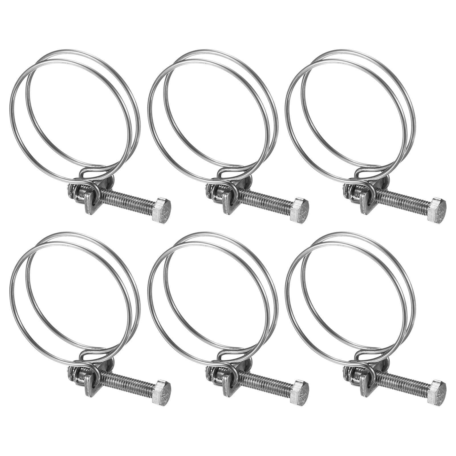 6-Pack Double Wire Hose Clamp, 43-48mm Stainless Steel Hose Clips Pipe Tube Clamps with M6 Bolt Adjustable for Dust Collection Hose/Pump/Rubber/PVC Pipe Connect [Silver]