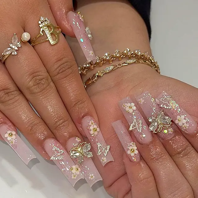 Viugex 24-Pack Ballerina Press on Nails - Long Coffin Style with 3D Flowers