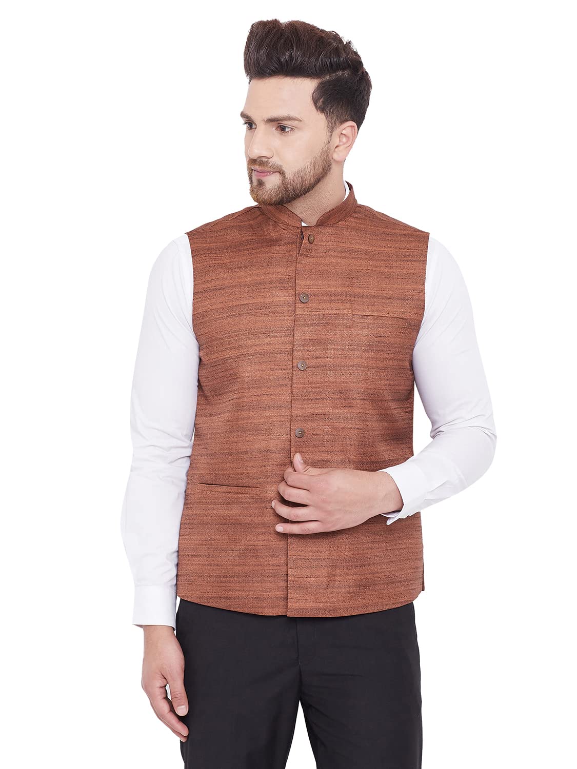 vastramay Men's Coffee Brown Silk Blend Nehru Jacket-VASMJ121CO_36-picture-18