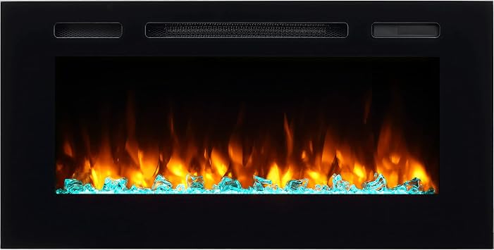 PuraFlame Alice 40 Inches Recessed Electric Fireplace, Flush Mounted for 2 X 6 Stud, Log Set & Crystal, 1500W Heater, Black