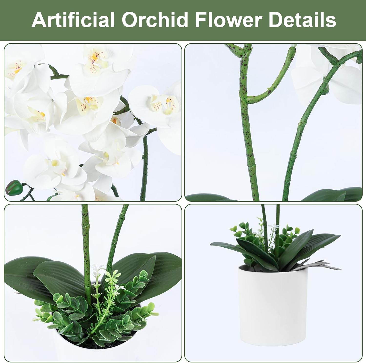 Ohmywor Artificial Orchid Flower Potted, 16.9" White Orchid in Pot Faux Plant with 2 Stems Artificial Phalaenopsis in Plastic Pot for Home Table Centerpiece Wedding Decoration - Image 4