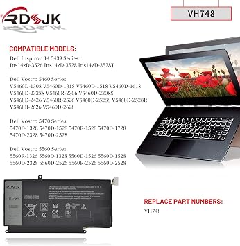 VH748 Laptop Battery for Dell Inspiron 14 5439 Vostro 5460 5470 5560 Series Ins14zD-3526 V5460D-1308 V5460D-2628 V5460R-2526 5470D-1528 5560D-2328 5560D-2528 5560R-1326 11.1V 51.2Wh