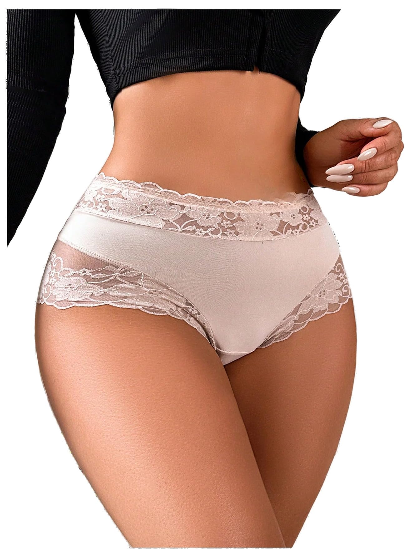 WDIRARA Women's Floral Lace Sheer Briefs High Waist Panties Sexy Seamless Underwear
