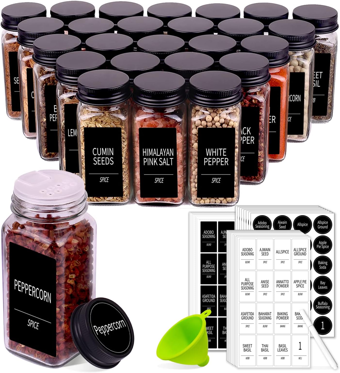 36 Glass Spice Jars with Black Lids- 4 OZ Spice Jars