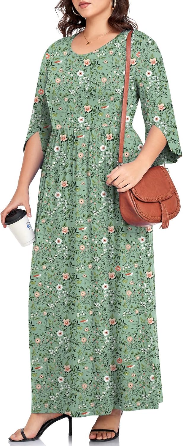 TAOHUADAO Women's Summer Plus Size Dresses Crewneck Ruffle 3/4 Sleeve Casual Maxi Dress - Image 2