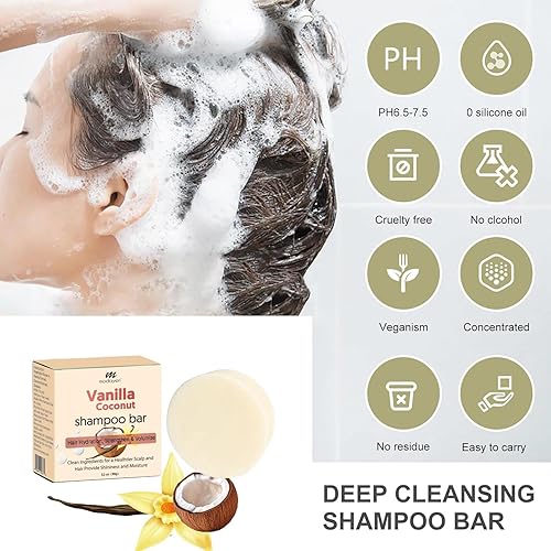 Miniatura 2 de Barra de champú de coco y vainilla, cuidado natural del cabello, suavidad sedosa y nutrición, fortalece el cabello y da volumen, sin parabenos,