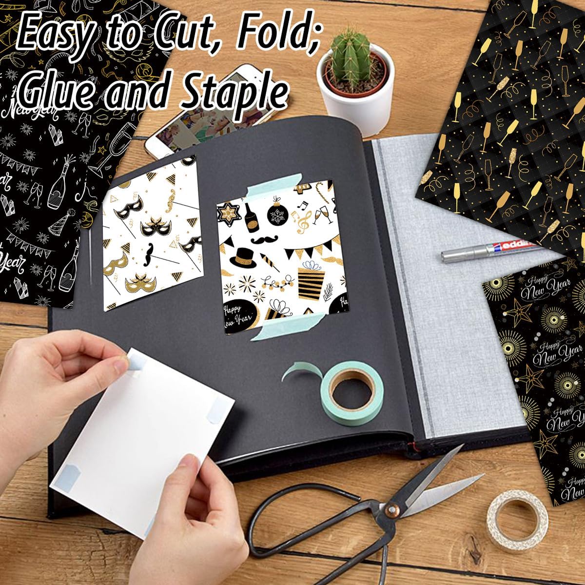 24 Sheets Festival Celebration Scrapbook Paper Black Gold Patterned 6 Inches Single-Sided Square Craft Paper Happy New Year Decor Origami Paper for Gift Card Making - 12 Design (Black, M) image 2