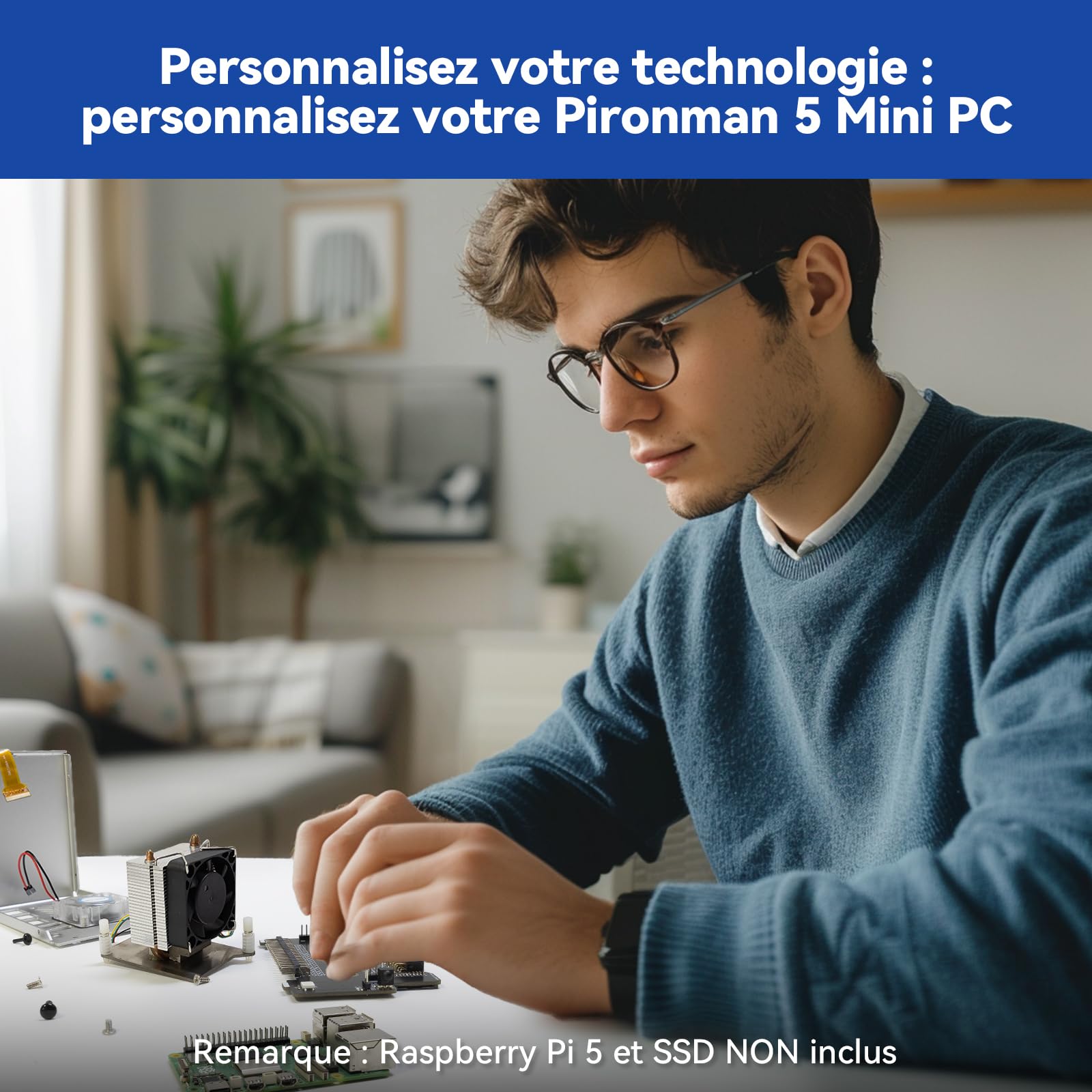 Pironman 5 boîtier Mini PC NVMe M.2 SSD PCIe 2.0/3.0 pour Raspberry Pi 5 Hailo-8L, agent IA OpenClaw, refroidissement tour + double ventilateurs RGB, module OLED 0,96", arrêt sécurisé, HDMI, effet RGB