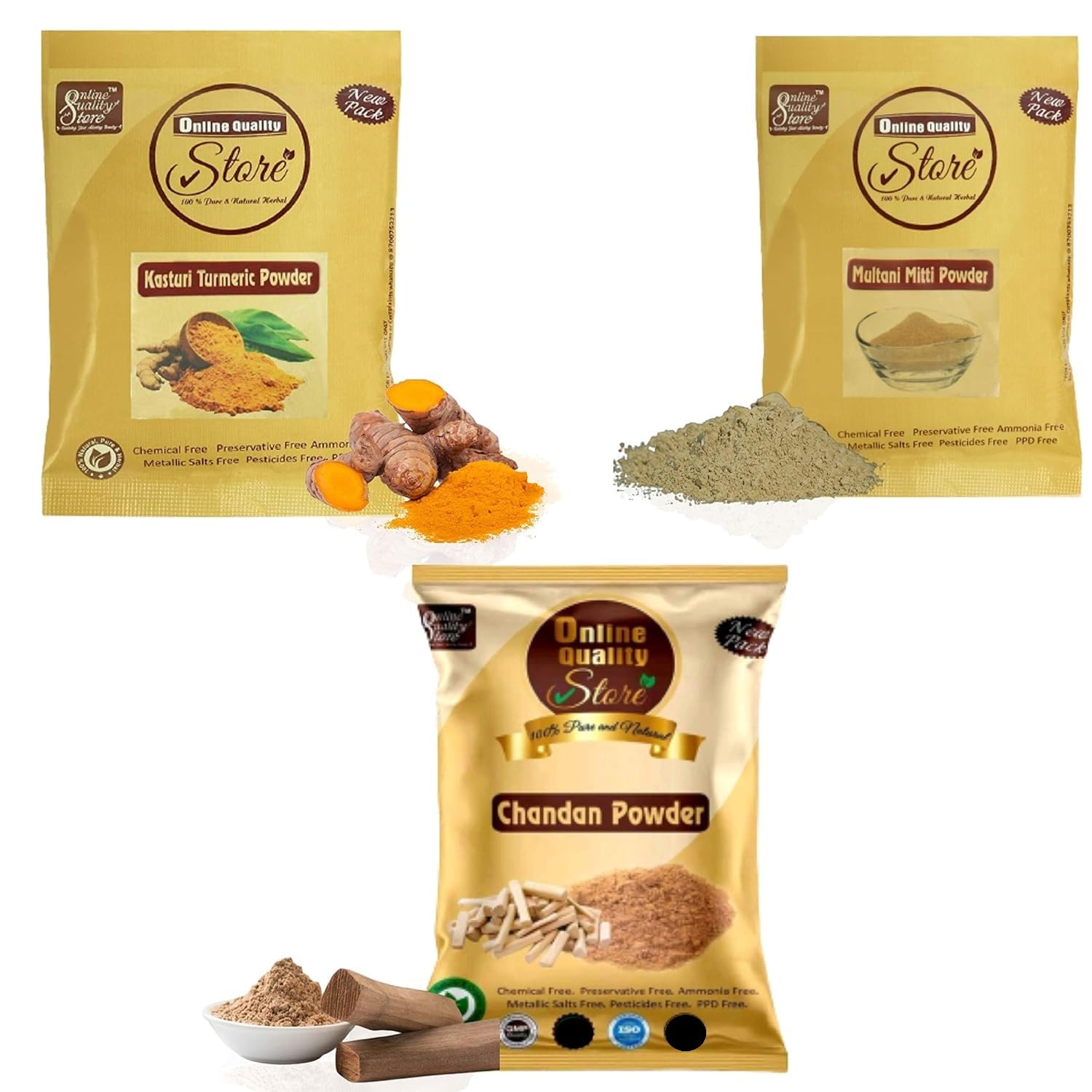 Online Quality Store Chandan Powder +Kasturi Turmeric Powder For Face Pack +Multani Mitti Powder