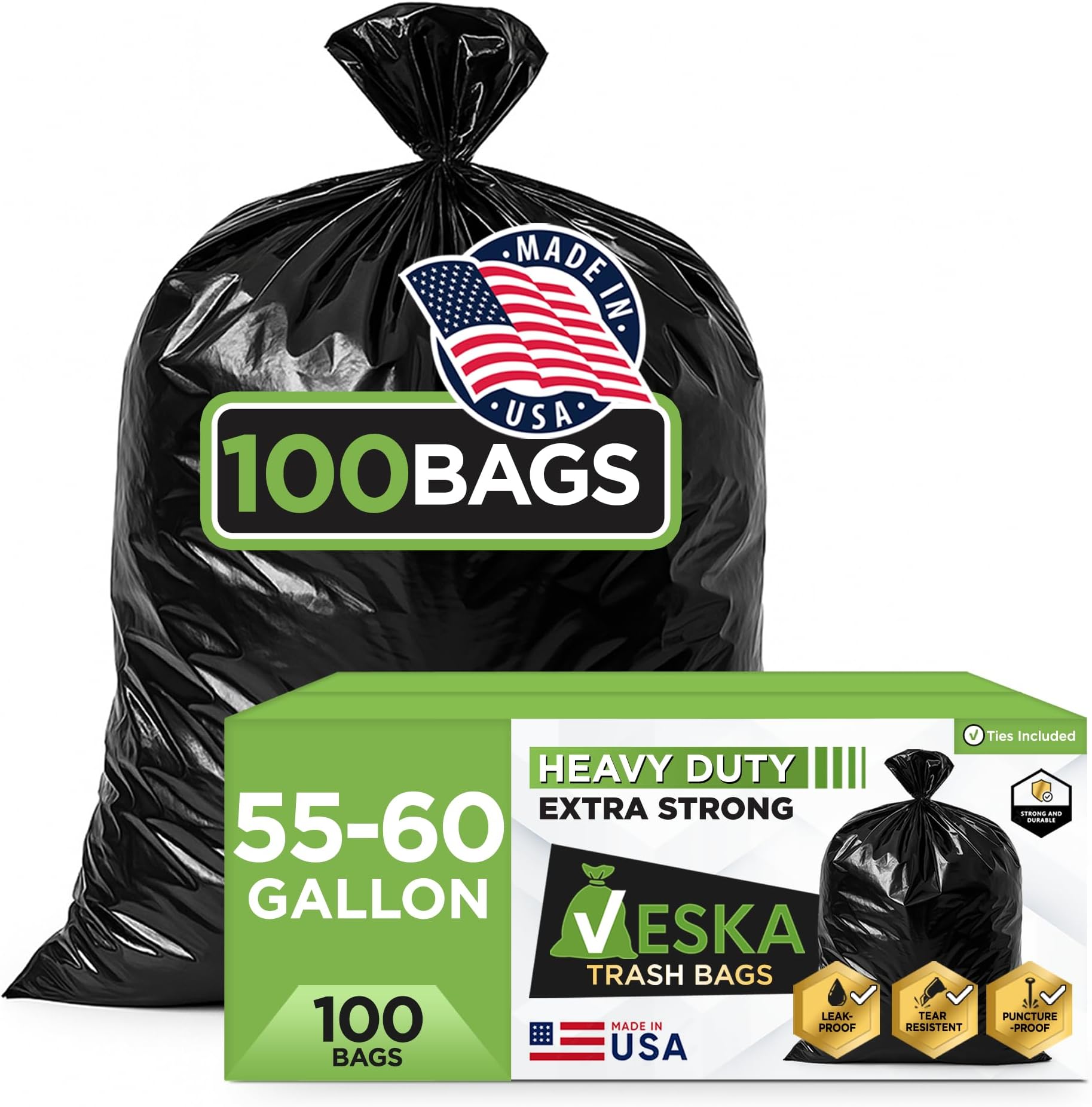 Veska 55-60 Gallon Trash Bags Heavy Duty (MegaValue 100 Bags w/Ties) 50-60 Gallon Large Black Garbage Bags Heavy Duty | Large Black Trash Bags for Commercial, Lawn and Leaf Bag