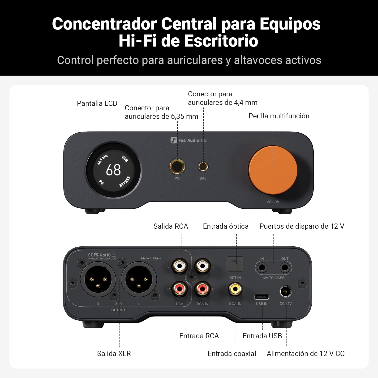 Fosi Audio ZH3 Amplificador de Auriculares DAC, Preamp Totalmente Balanceado con AKM4493SEQ XMOS PCM768 kHz, Entrada de Disparador 12V/USB/Opt/Coax/RCA, Salida XLR/RCA/4,4mm/6,35mm con Control Remoto