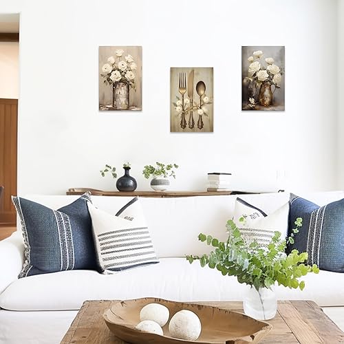 Miniatura 3 de ZXHYWYM 3 piezas de lienzos de pared para cocina, granja, flores, pintura, retro, tenedor, cuchillo, cuchara, imágenes, imágenes, utensilios de