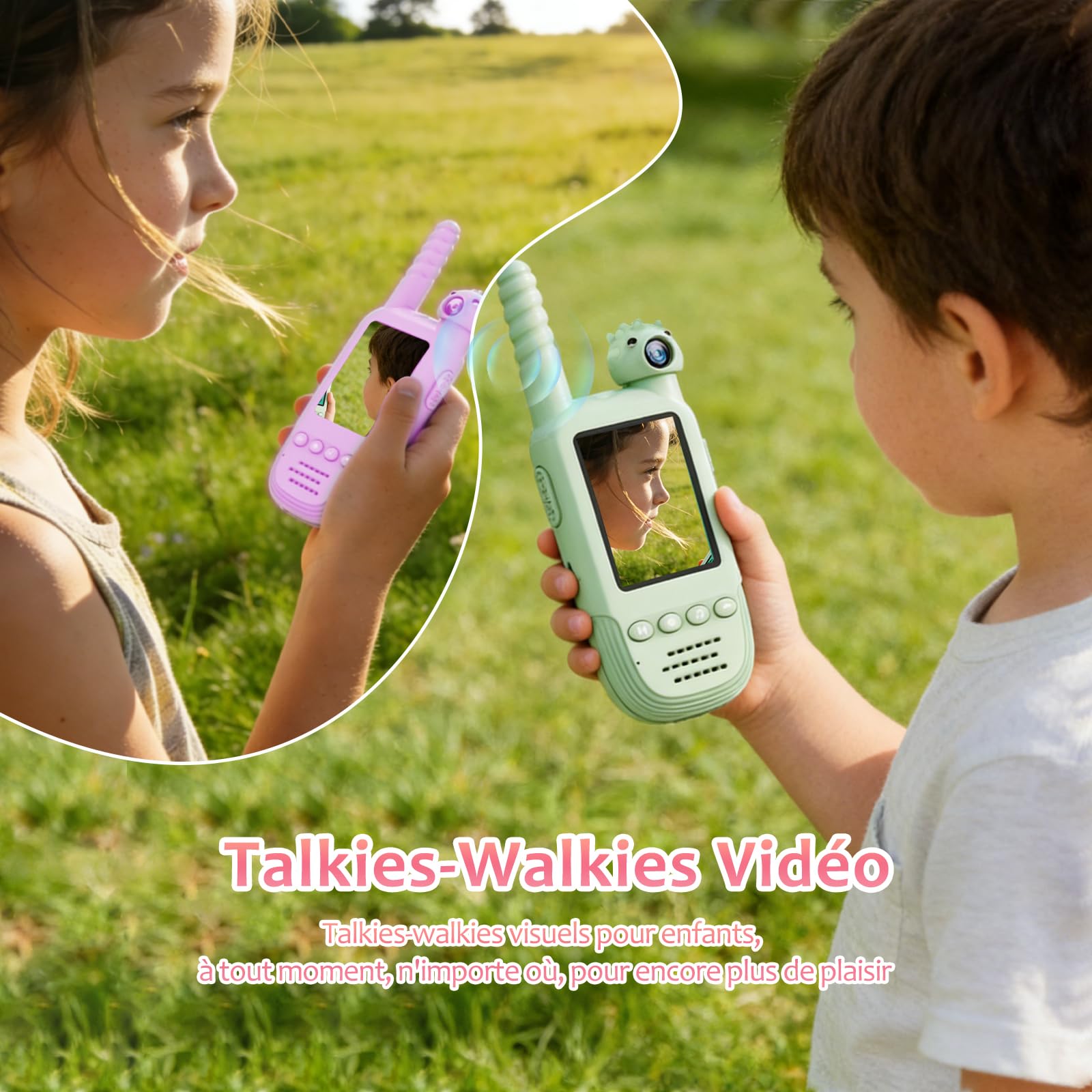 Talkies-Walkies Vidéo pour Enfants avec Caméra Pivotante à 180° Talkies-Walkies Charge USB-C Changeur de Voix Talkie-walkie pour Le Camping, Les Voyages, la Randonnée, Cadeau pour Enfants