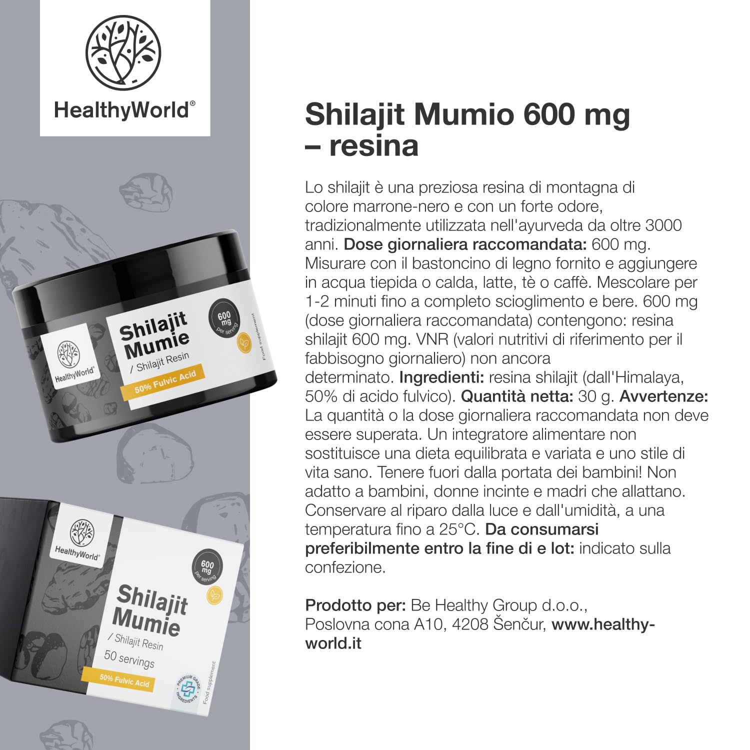 HealthyWorld Shilajit Mumio 600 mg – Resina ayurvedica - 50% di acidi fulvici – 50 dosi – Senza additivi – Dosatore incluso – Supporto alla vitalità - Aumento dell'energia