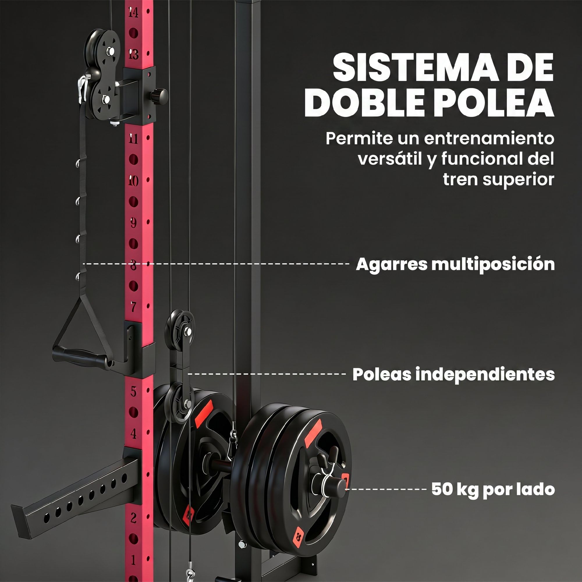 SPORTNOW Jaula de Potencia Musculación Plegable, Rack para Sentadillas | en Pared, Barra de Dominadas, Sistema Poleas Dobles, Soportes Barra Ajustables en 14 Niveles 25-165cm, Carga 700 kg