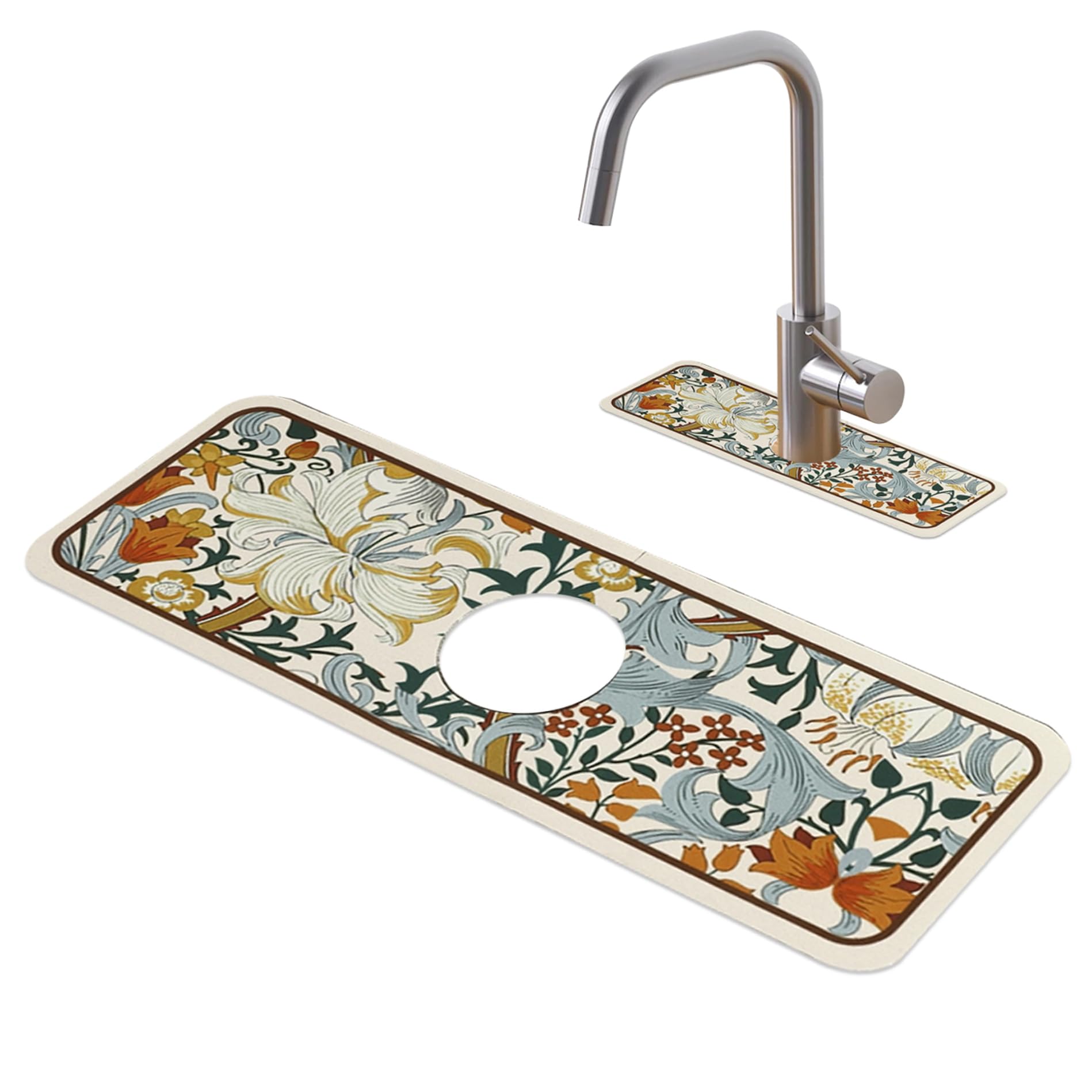 Sink Faucet Mat, Super Absorbent Non-Slip Vintage Floral Print Sink Splash Guard, Diatom Mud Plates Dish Drying Mat for Kitchen Bathroom Faucet Protection