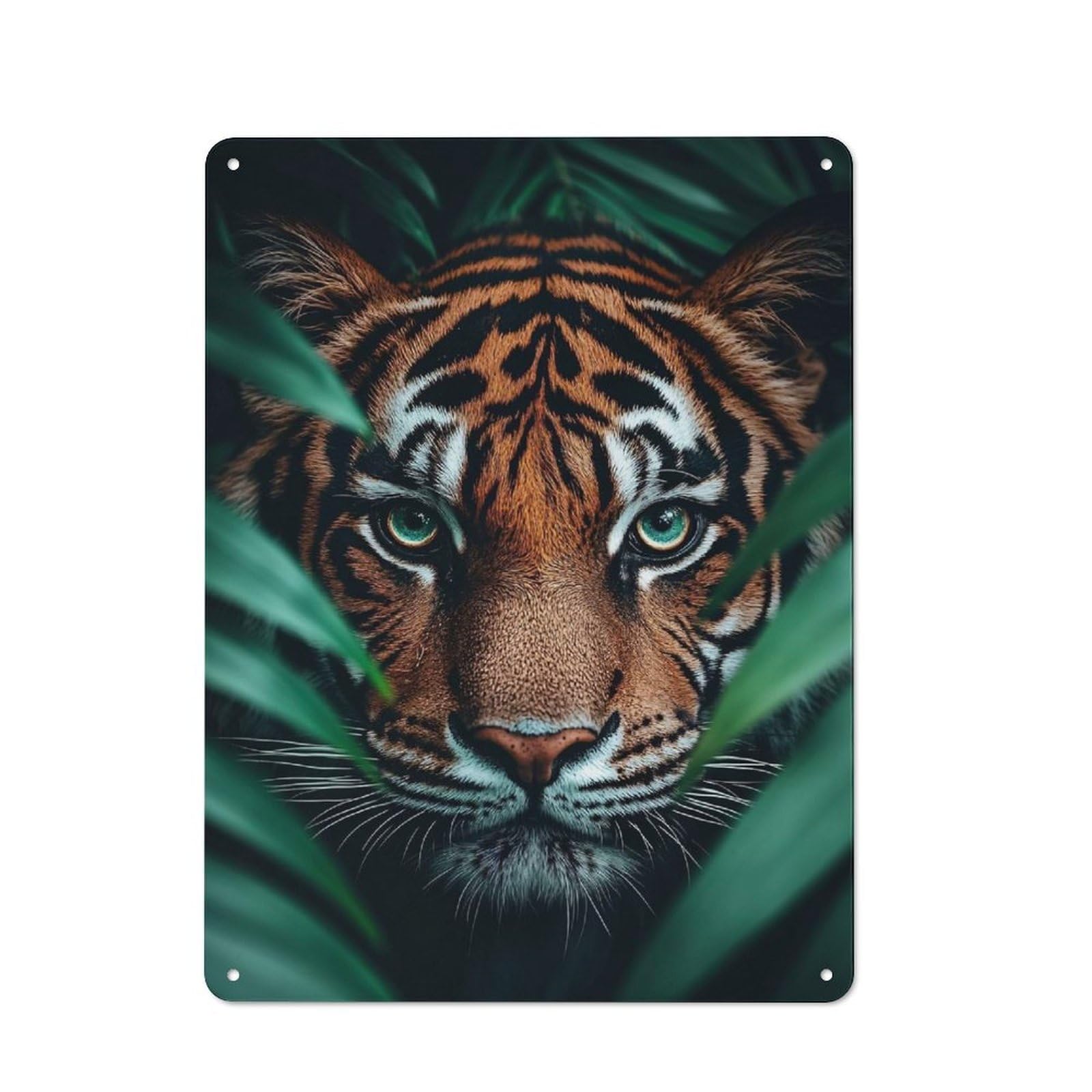 Junmoney Style-23 Tiger Portrait In The Jungle Foliage Rustic Tin Sign 40X30cm For Studio Or Craft Room, For Kitchen, Dining Room And Home Bar Wall Decor
