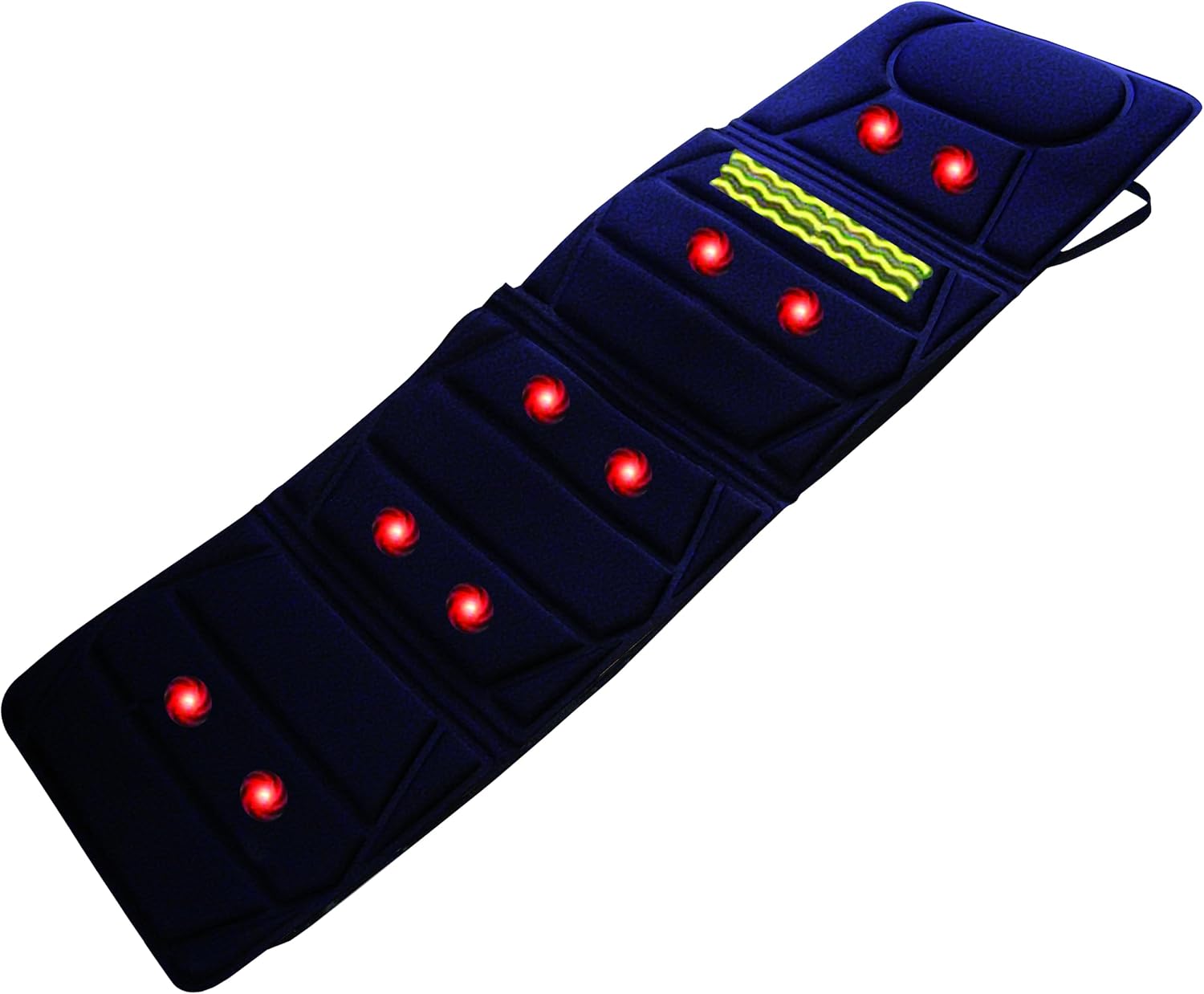 Carepeutic Deluxe Vibration Massage Mat showing red illuminated circles indicating the location of the ten vibration motors across the mat's surface.