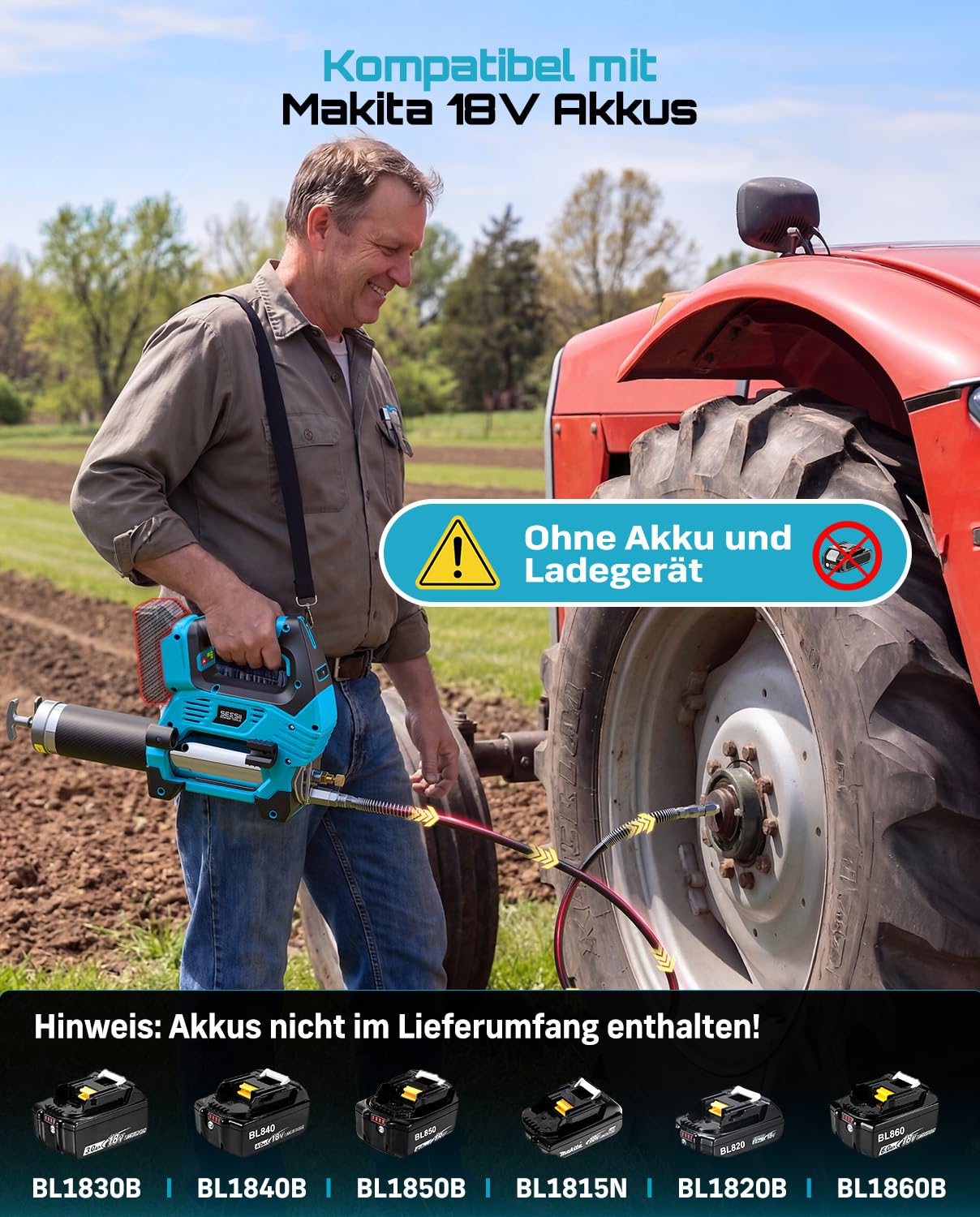 Seesii 12000PSI Akku Fettpresse Set kompatibel mit Makita 18V Akku (ohne Akku), 3 Geschwindigkeiten, Bürstenlosem Motor, 3 Mundstück, 1m langem Schlauch, 90-Grad-Adapter und LED-Leuchte