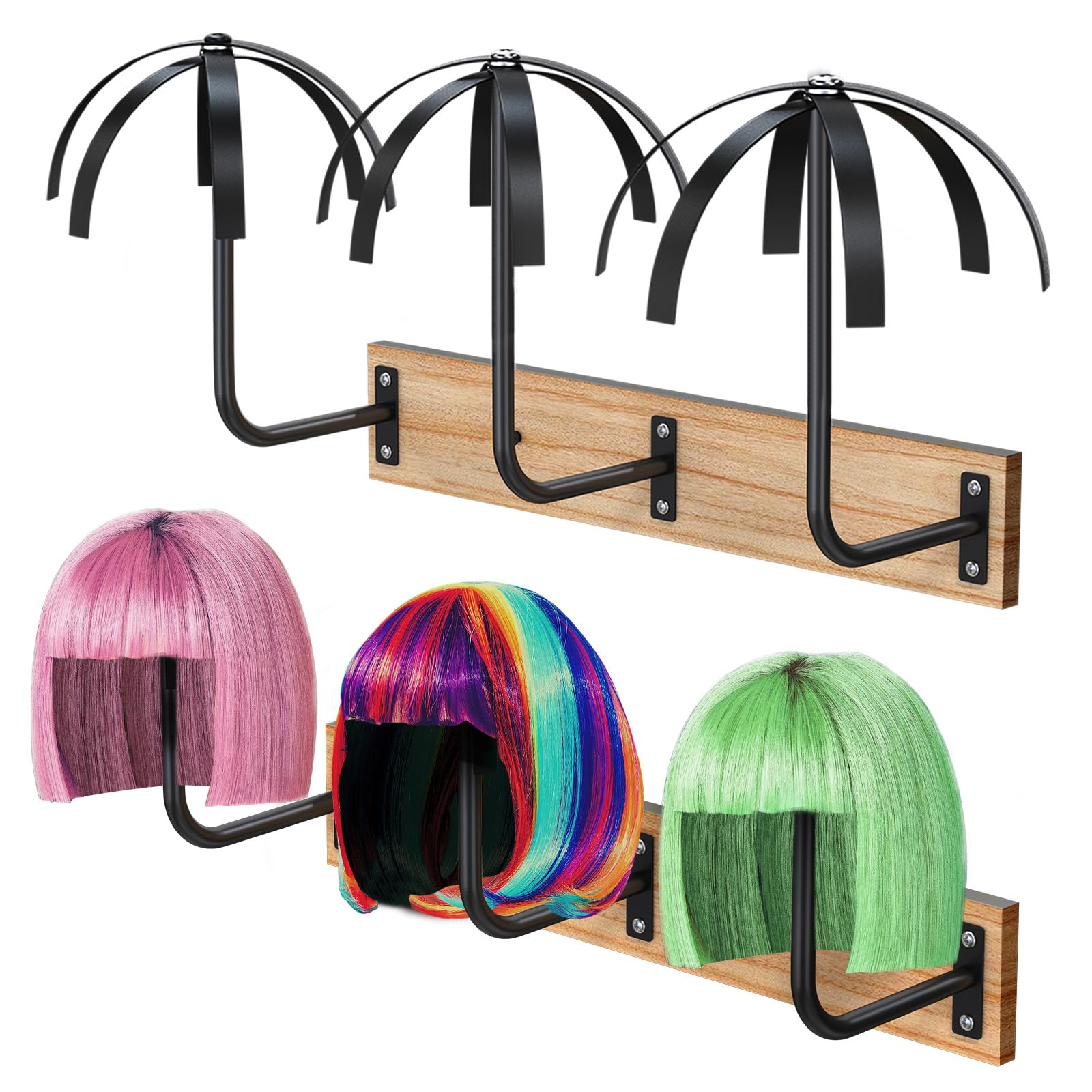 6 Pcs Hanging Wig Stand for Multiple Wigs, Durable Wall Mounted Wig Hanger Holder,Wig Holder for Multiple Wigs,Hanging Wig Holder for Display, Storage, Styling, Drying,Practice,Design (Black)