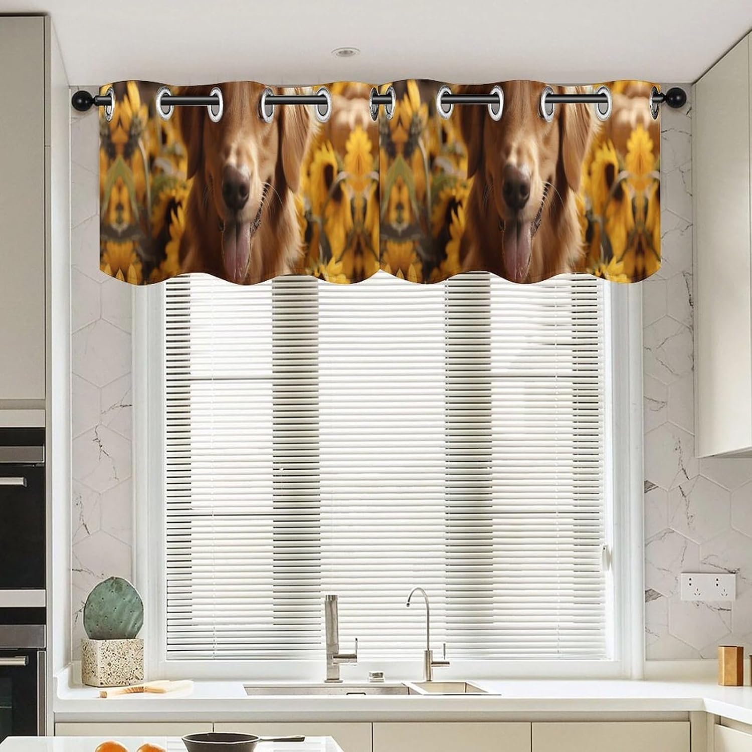 Golden Retriever Sunflower Valance for Windows, 2 Pack Kitchen Curtains Modern Home Decor, Soft Blackout Window Curtains for Living Room & Bedroom, 18 X 52 Inch