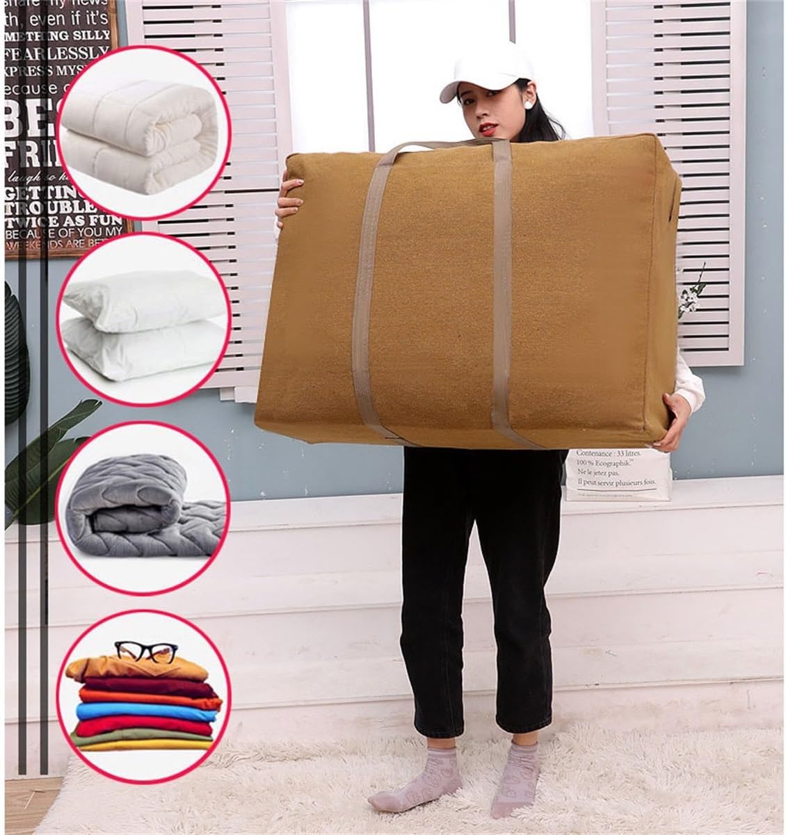 Heavy Duty Canvas Moving Storage Bag Reinforced Strap Handles, Durable Quilt Clothes Duffel Organizer Bag for Moving House Dorm Closet Storage(Green,70x50x22cm)