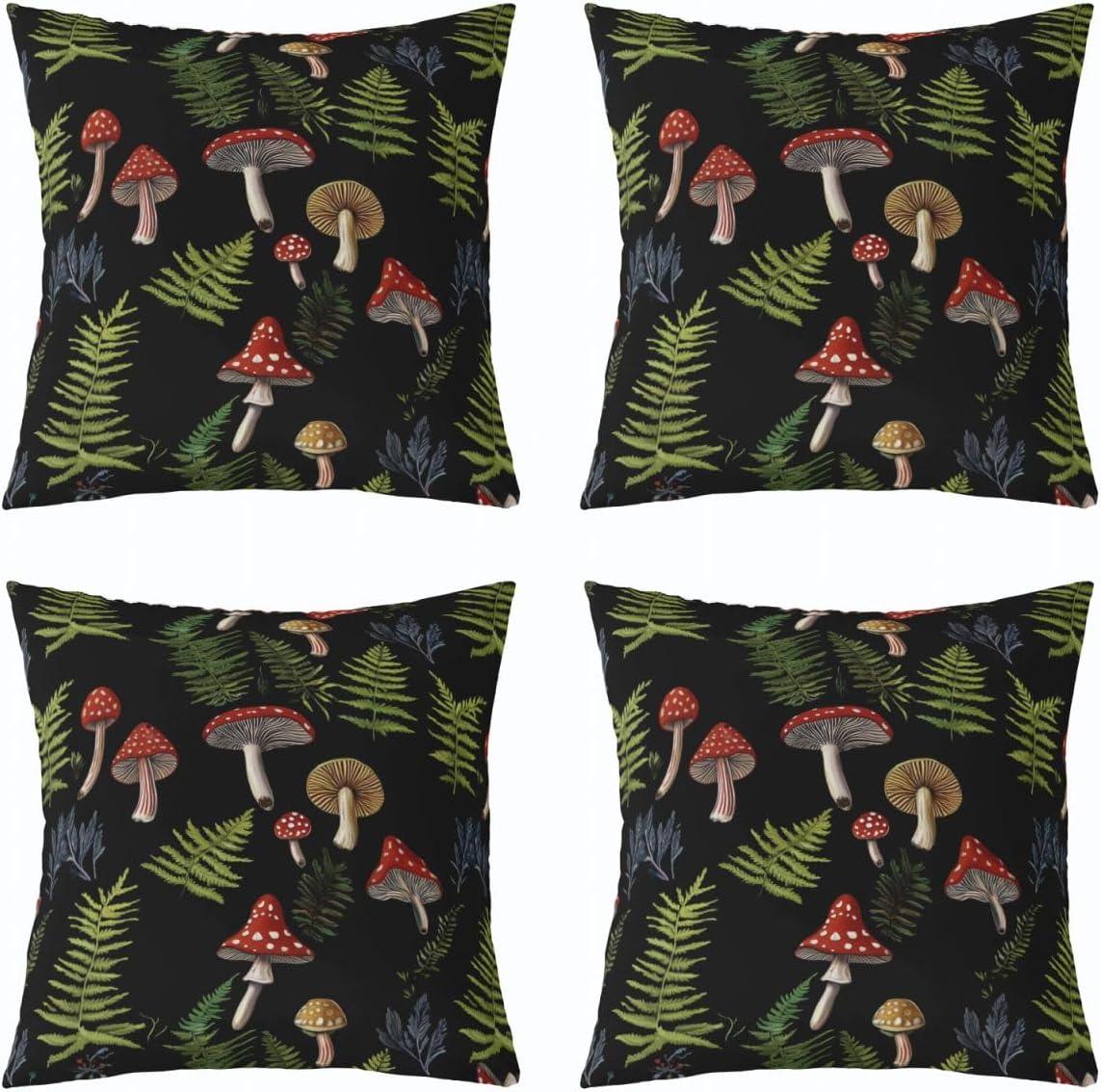 Mushroom Throw Pillow Covers 20"x20" Set of 4 Soft Botanical Nature Theme Pillow Cases Cushion Covers For Living Room Bedroom Wild Mushroom Stuff Decorative Throw Pillowcases for Sofa Couch Chair