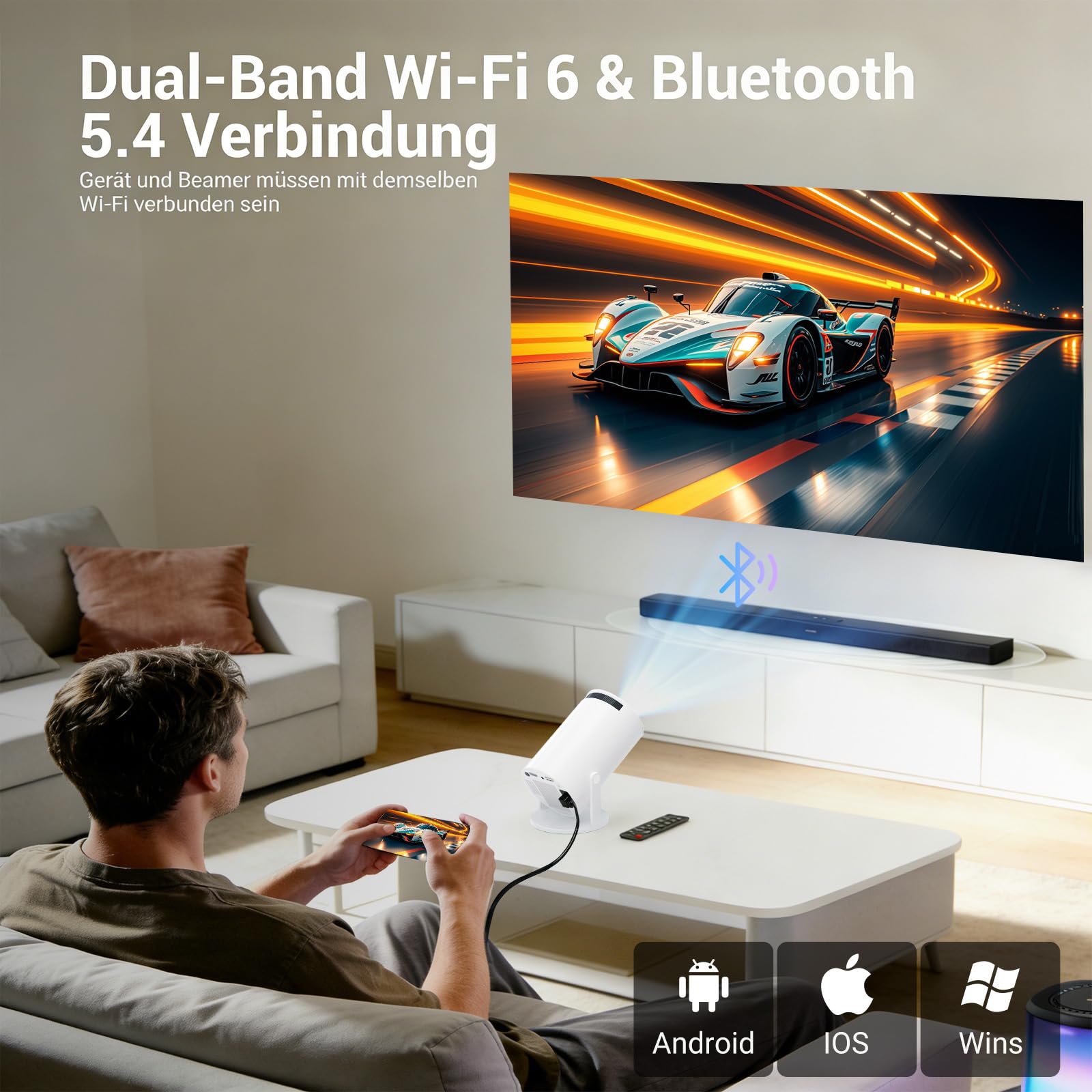 Mini Beamer 4K 1080P Smart Projektor mit WiFi 6 Bluetooth 5.4 Auto Trapezkorrektur 180° Dreh Heimkino Outdoor Kompatibel HDMI TV Stick Laptop