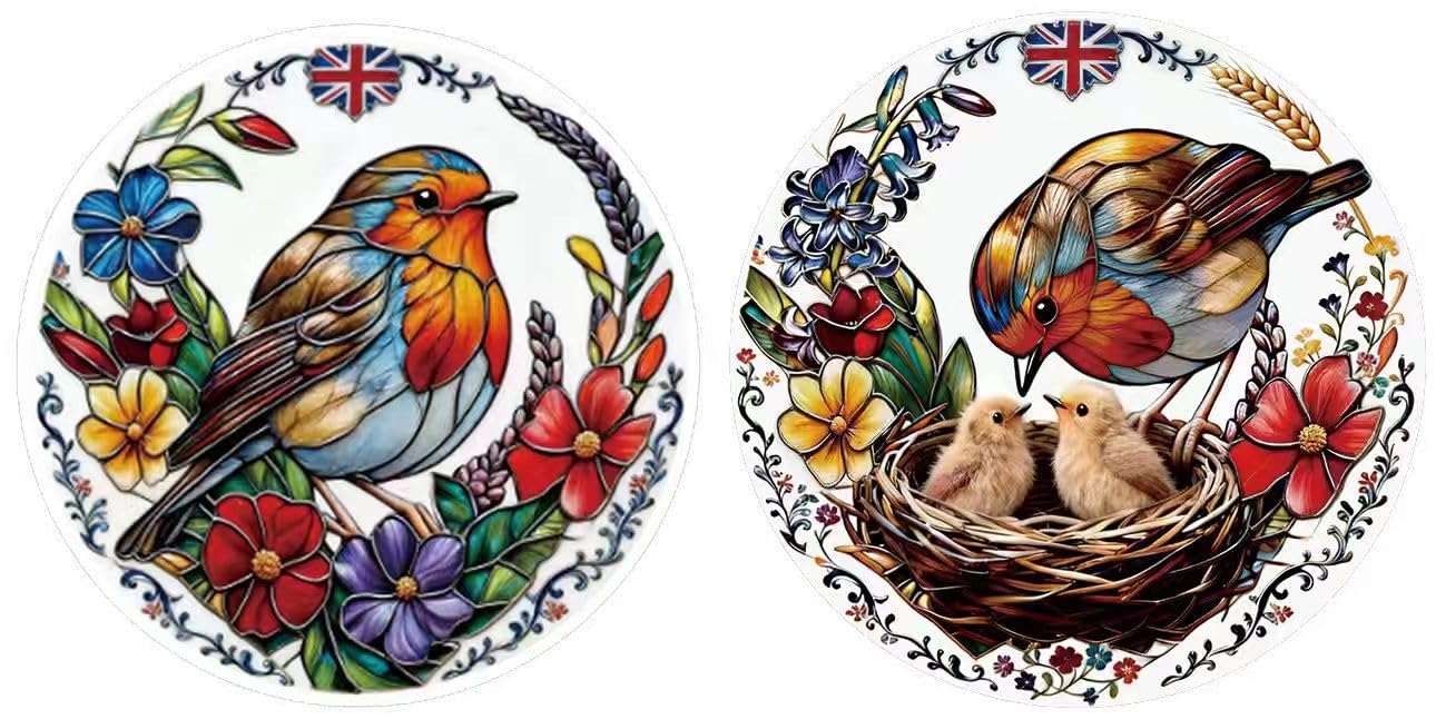 Etnirothbw Ceramic Robin Coasters Set of 4 with Cork Base, Absorbent Drink Coasters for Hot and Cold Drinks, Non-Slip Table Protectors & Home Decor, Bird Design Festival Gift Set for Home & Loved Ones