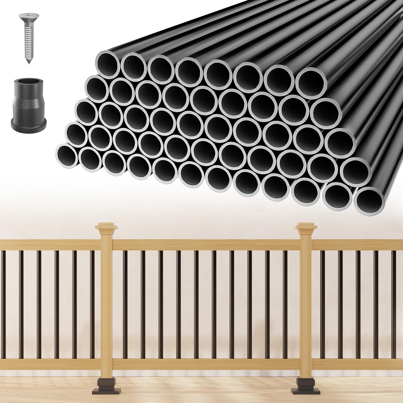 50 Pack 26" Aluminum Deck Balusters, 3/4" Diameter Black Metal Deck Spindles with Connectors and Screws, Hollow Round Aluminum Deck Balusters for Deck