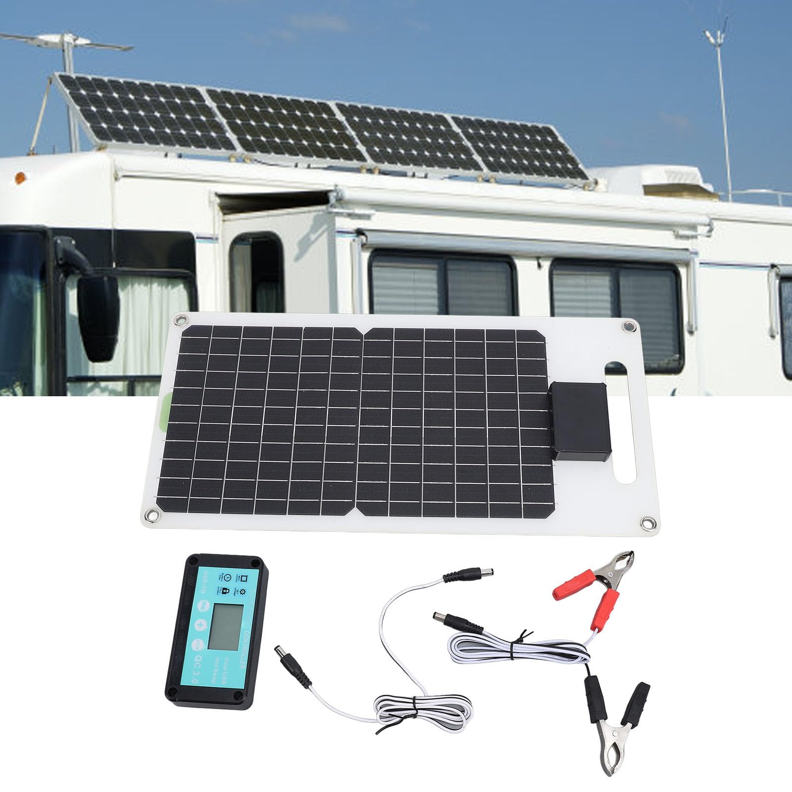 Pannello Solare in Silicio Monocristallino da 50 W con Doppia Porta di Uscita CC USB TIPO C per Telecamera di Sicurezza per, Kit Regolatore di Carica Solare 100 A 12 V 24 V,