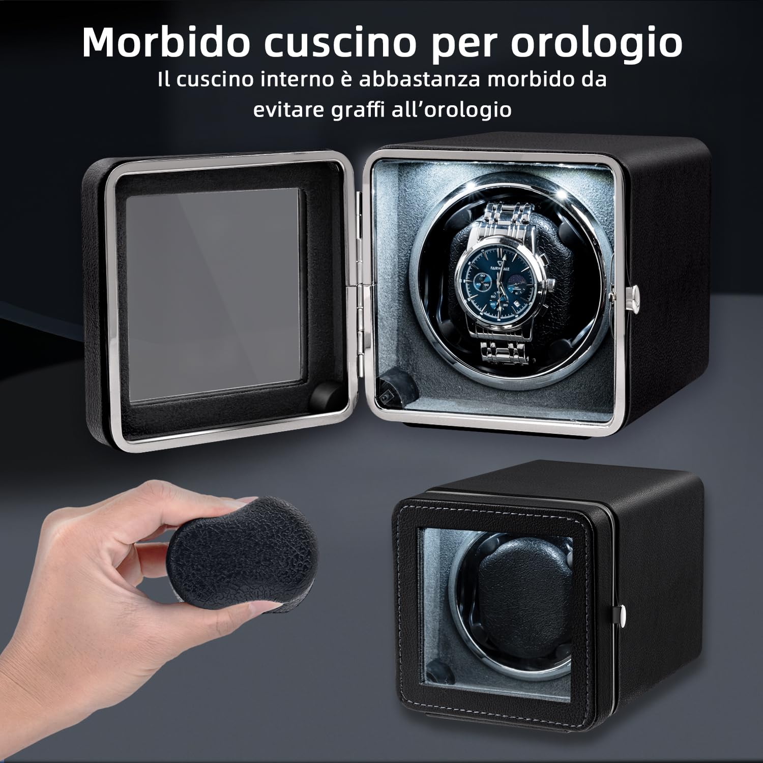 Mcbazel Carica Orologi Automatico Rotante, Elegante Scatola Carica Orologi Automatica Singola con Motore Silenzioso, 4 Modalità di Rotazione, Scatola Rettangolare in Pelle PU con Luce LED – Nero