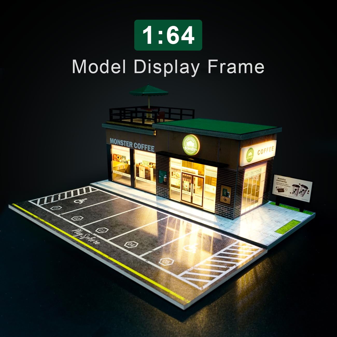 Cotymko 1/64 Diorama Garage, Model car Garage and Display case, Coffee House Diorama Display Parking lot with LED Lights and 5 Outdoor Parking Spaces for Toy car Collectors