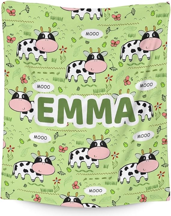 Mercuryelf Custom Cow Throw Blanket - Soft, Fuzzy & Warm - 40x50 Inches Flannel Blankets for Travel, Office - Light Green Cute Throws Gift for Kids