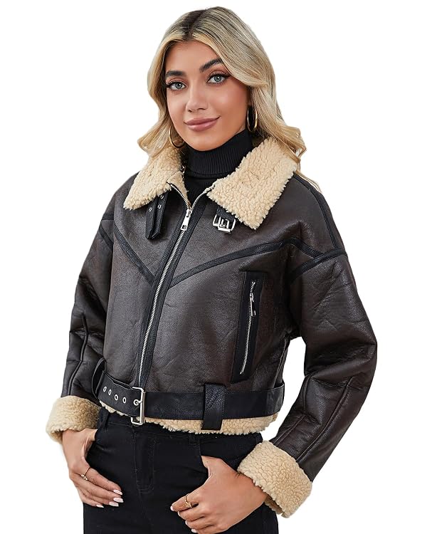 LY VAREY LIN Winter Women Faux Lamb Fur Leather Short Jacket Lapel Zipper Bomber Aviator Coat by LY VAREY LIN - Used condition - Image 4