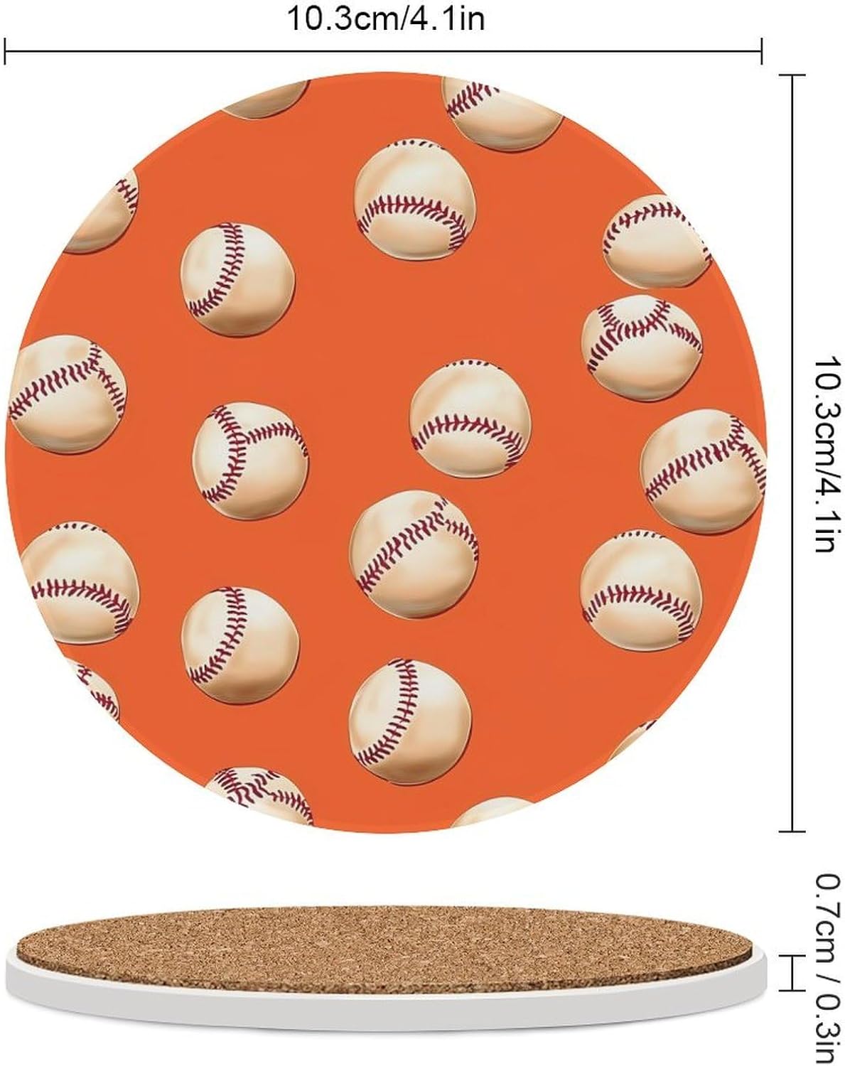 Baseball Pattern Coasters for Drink Round Ceramic Coaster with Cork Base Home Decorative 4PCS