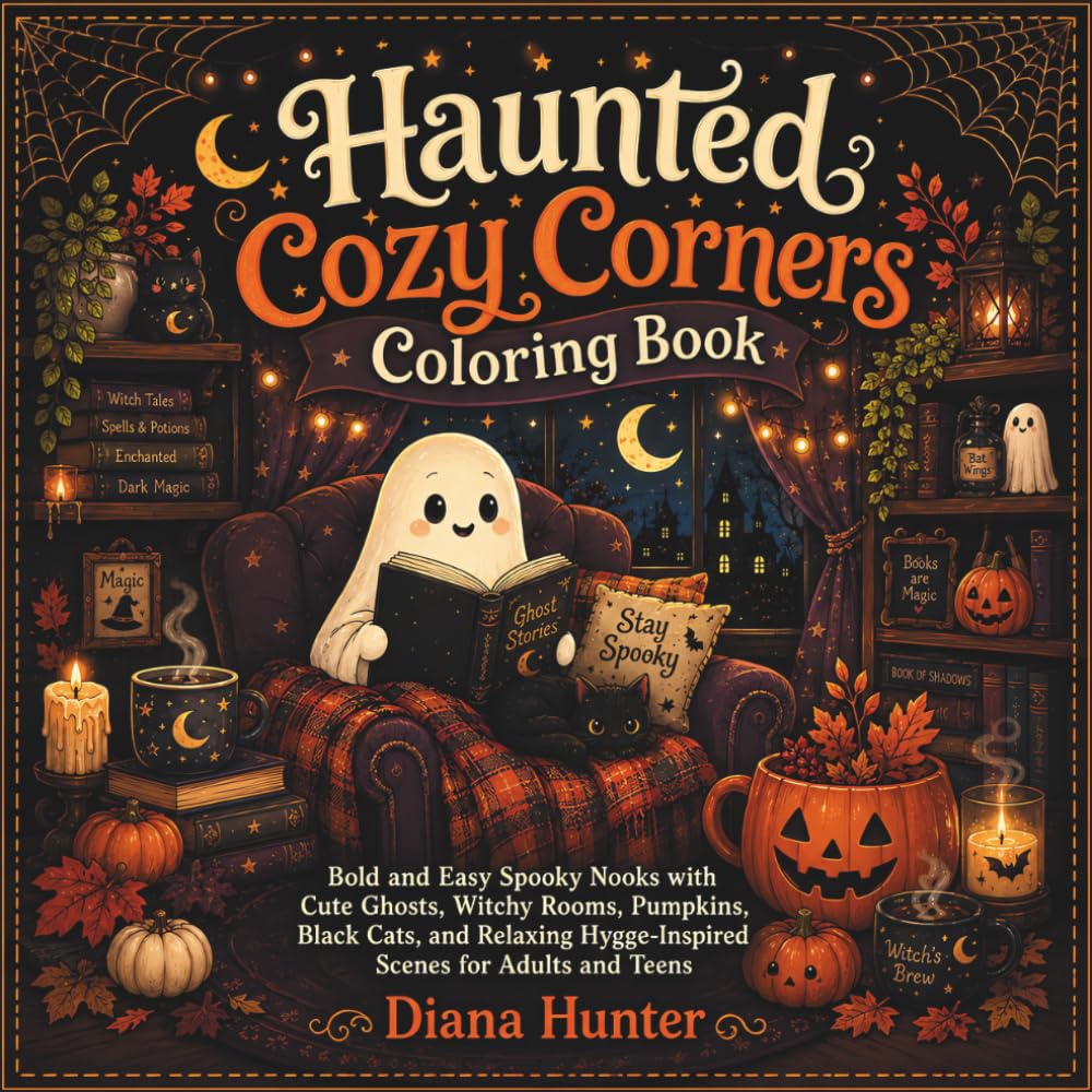 Haunted Cozy Corners Coloring Book: Bold and Easy Spooky Nooks with Cute Ghosts, Witchy Rooms, Pumpkins, Black Cats, and Relaxing Hygge-Inspired Scenes for Adults and Teens