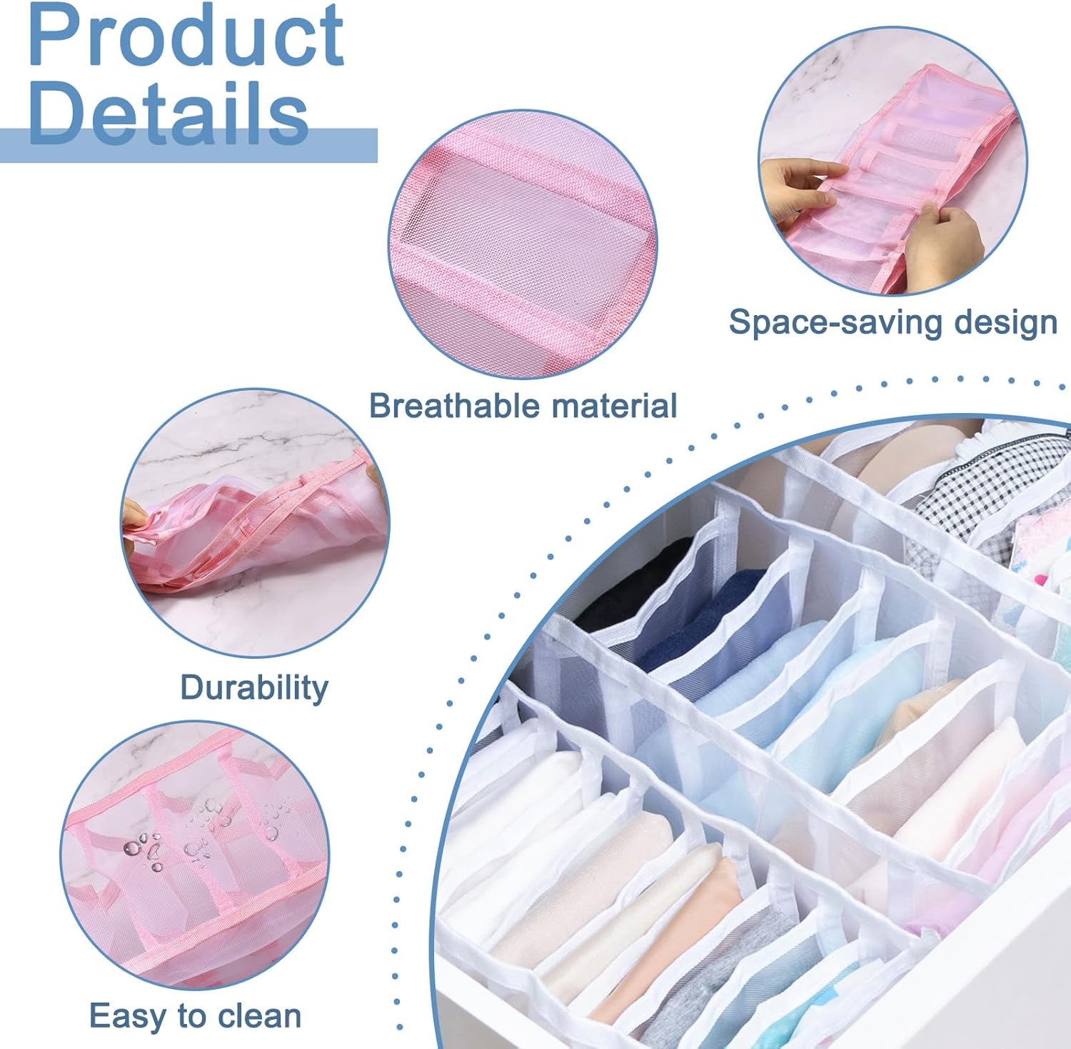 uxcell 4 Pack Underwear Drawer Organizer, 7 Grids Foldable Closet Organizers and Storage Bins for Storing Socks, Underpants,Ties, Pink