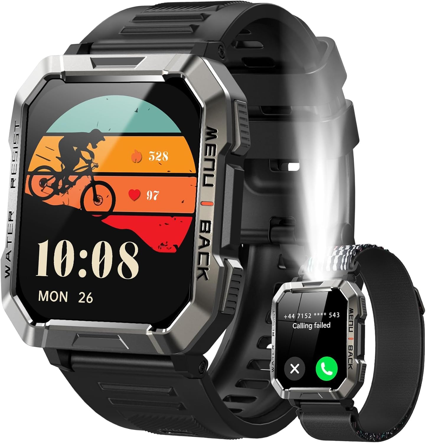 Orologio militare da uomo, 2.01" HD, batteria da 900 mAh, chiamata Bluetooth, lampada LED, frequenza cardiaca e SPO₂, monitoraggio del sonno, 100+ modalità sportive, 2 braccialetti inc