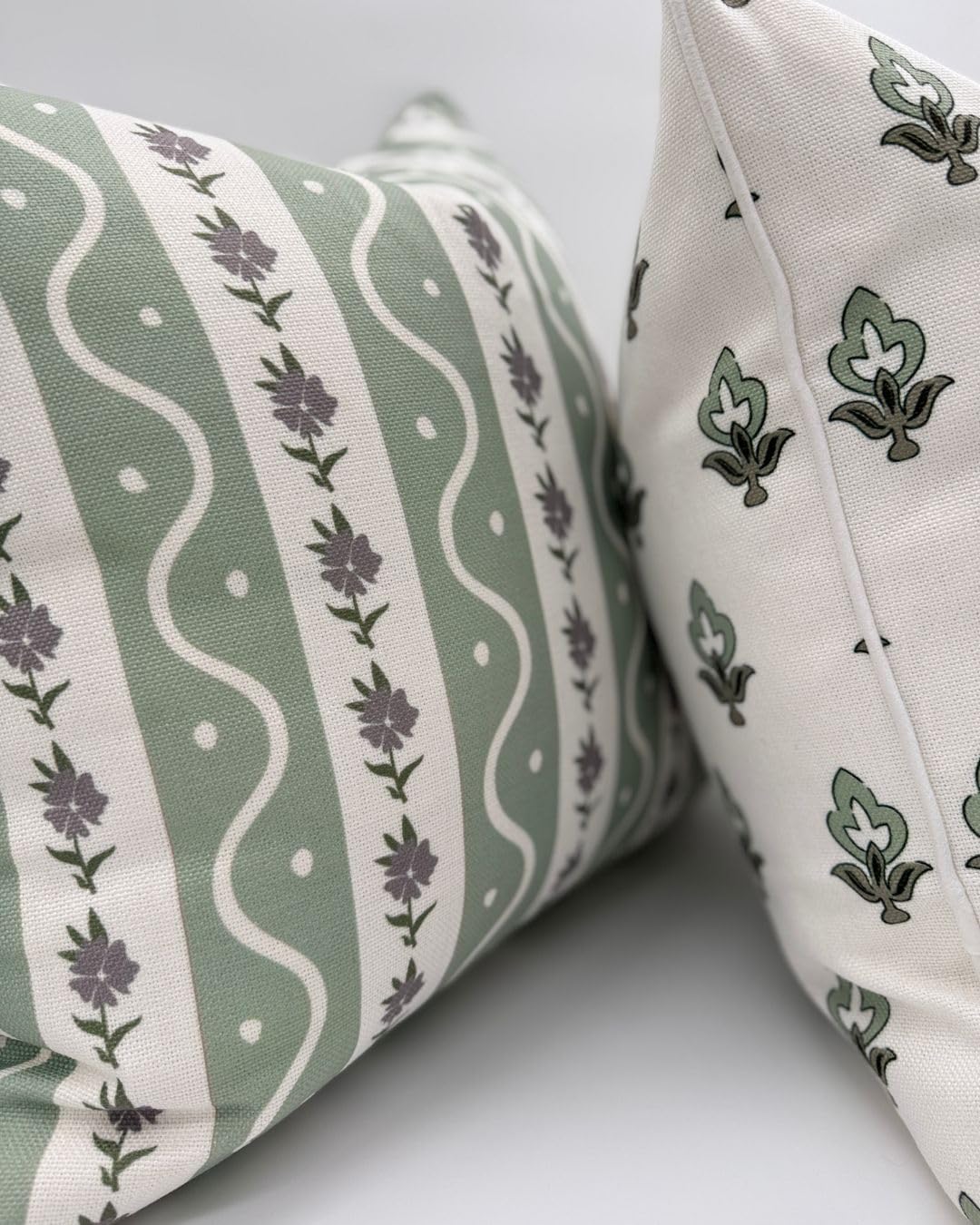 “The Tilly” Floral Block Print Pillow Cover – Green Stripes Decorative Throw Pillow Cover with White Background – Grandmillennial Home Decor, 20" x 20" - Image 4