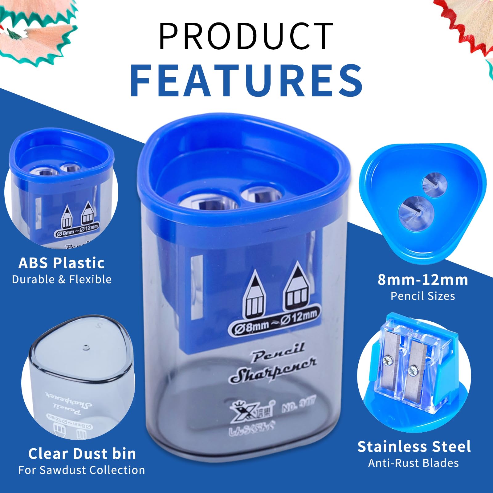 2 PCs Pencil Sharpener with Container,Dual Holes (8mm, 12mm) Pencil Sharpener for Kids,Adults,School - Image 3