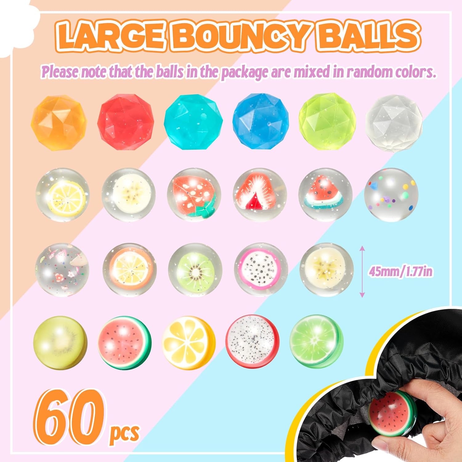 Shappy 60 Pcs 45 mm Large Bouncy Balls Glitter Bounce Ball Bulk with Storage Bag Large Bouncy Balls for Goodie Bag Fillers Birthday Party Favors, Assorted Colors