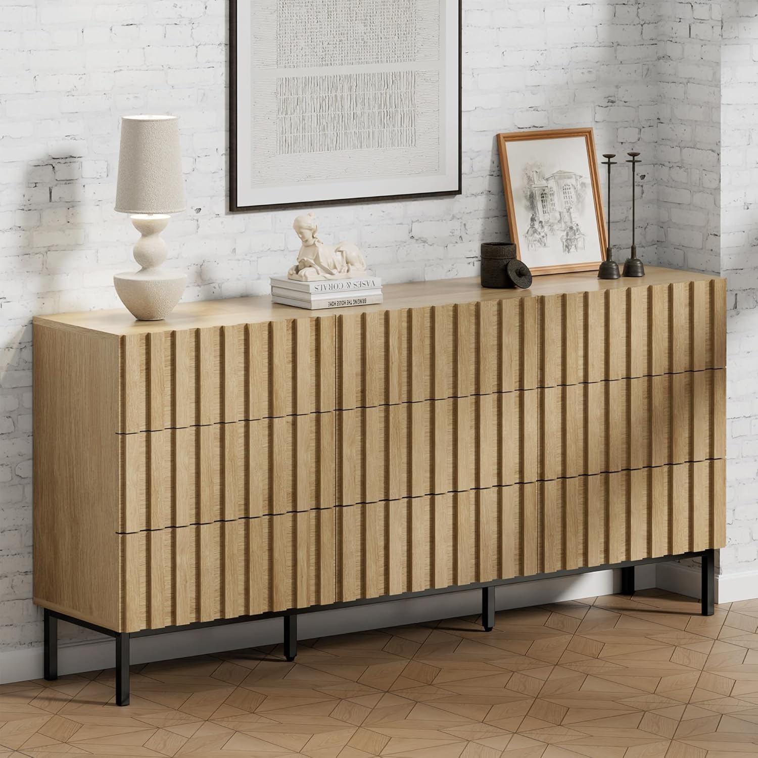 UEV Komoda z 9 szufladami 150 cm, wąska komoda, duża przestrzeń do przechowywania, szafka z przestronnym sufitem, do salonu, sypialni, biura, wzór drewna, metalowe nóżki, 150 x 34 x 72 cm, naturalna