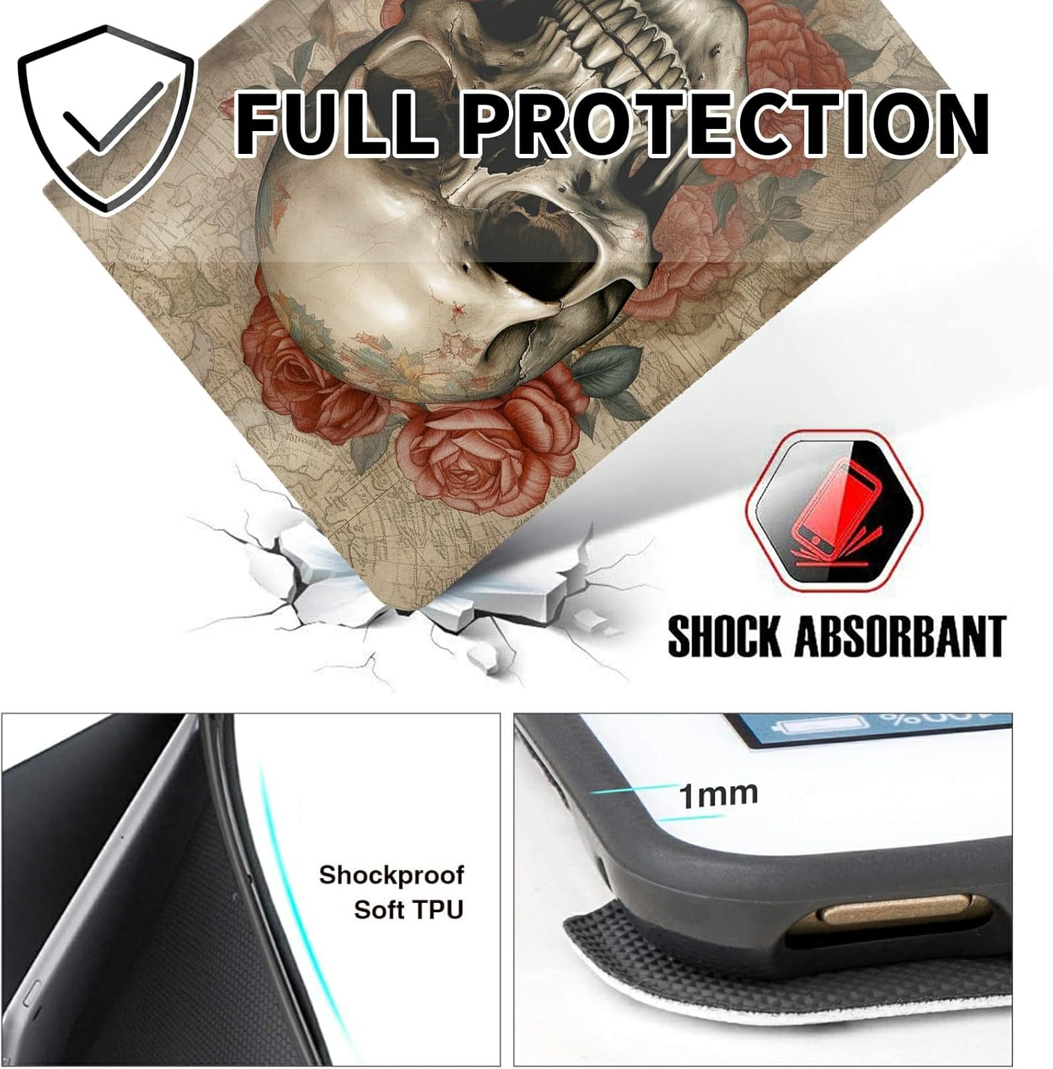 Case for 10.1" Amazon Fire HD 10 Tablet (13th Generation, 2023 Release),Shockproof Fold Stand Protive Cover with Auto Wake/Sleep,Skull Roses